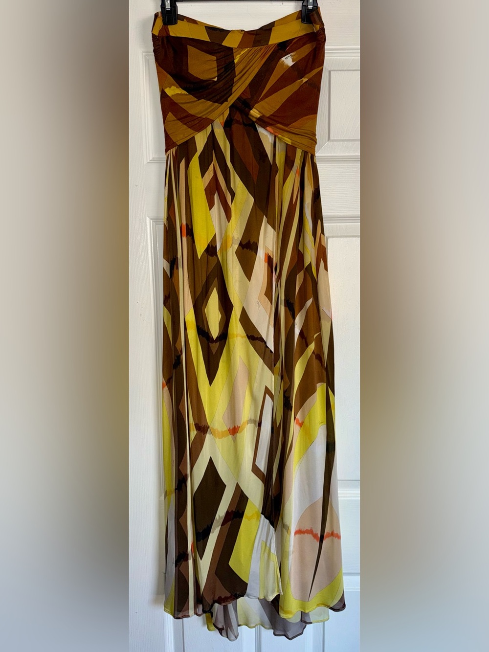 EMILIO PUCCI Brown Yellow Geometric Crossover Strapless Flowy Maxi 44 US 10 Y2K - Picture 5 of 16